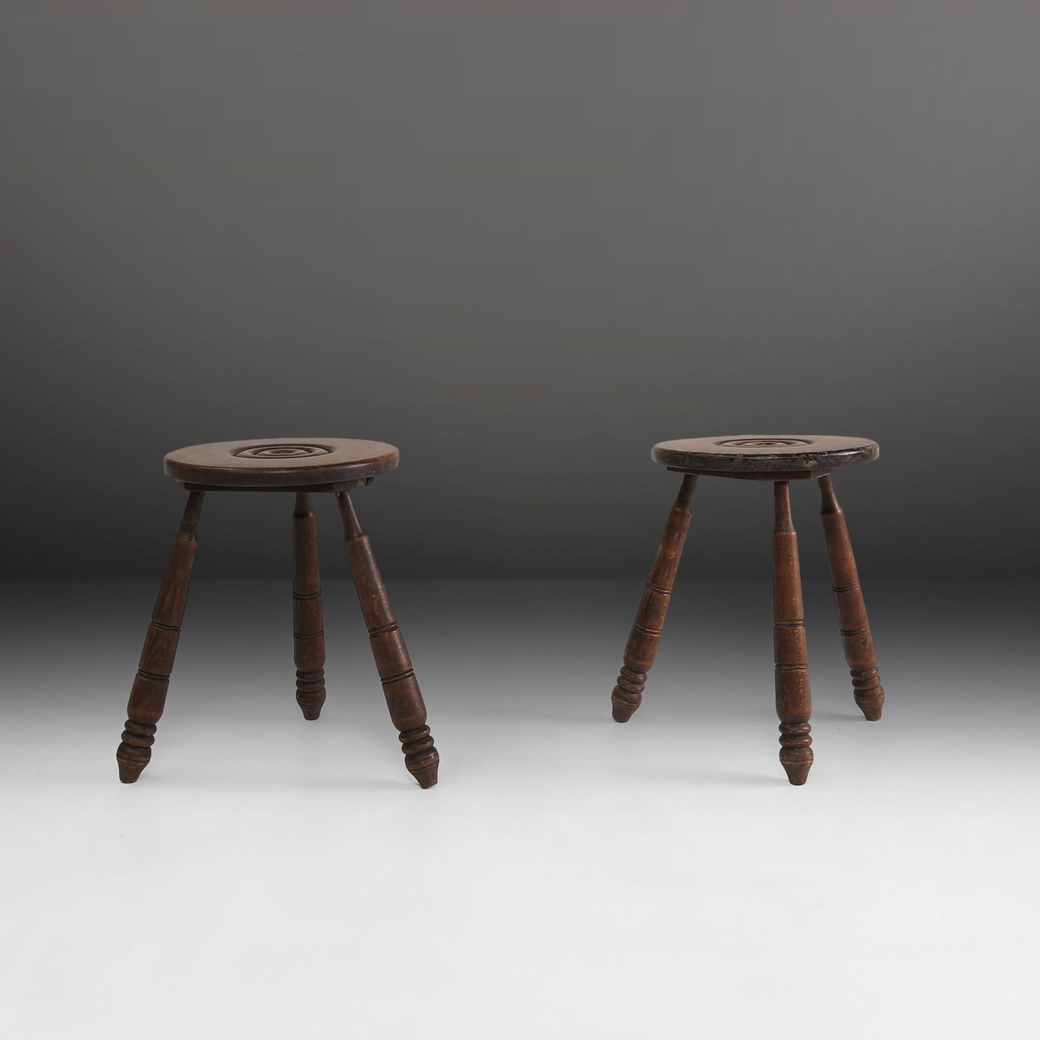 Pair of Vintage low Brutalist tripod Stools, Belgium, 1960s-img